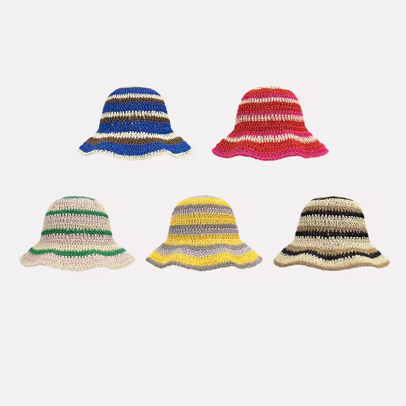 Bucket Hat Straw - Yeni çizgili örme saman kroşe şapka