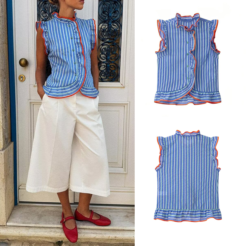 Kadınlar için mavi dikey çizgi - Shirt Camp Collar incelemesi ve fiyatı